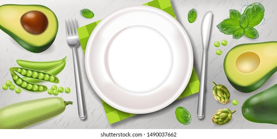 Avocado and greens poster Vector realistic. White plate healthy food template