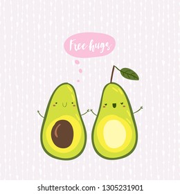 Avocado Greeting card, banner in hand drawn style. Funny vector illustration with cute cartoon characters. Words in the cloud: Natural, Organic, Delicious, Healthy