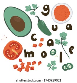 avocado guacamole dip elements. cooking process. for prints, designs, postcards, menus, food ferries. guacamole hand lettering funny style. isolated on a white background