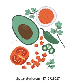 avocado guacamole dip elements. cooking process. for prints, designs, postcards, menus, food ferries. flat cartoon style. hand drawn isolated on a white background