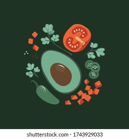 avocado guacamole dip elements forming circle. cooking process. for prints, posters designs, postcards, menus, food ferries. flat cartoon style. hand drawn isolated on a dark green background