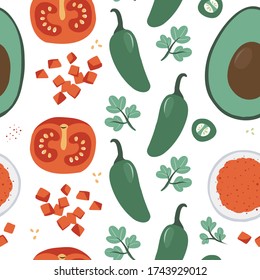 avocado guacamole dip elements seamless pattern. cooking process. for prints, designs, postcards, menus, food ferries. flat cartoon style. hand drawn isolated on a white background