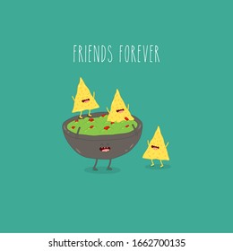 avocado guacamole and nachos. Funny vector illustration. Use for card, poster, banner, web design and print on t-shirt. Easy to edit.