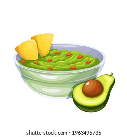 Adagio de salsa guacamole con nachos de tortilla y medio aguacate vectorial ilustración.