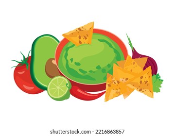 Avocado Guacamole Salsa With Tortilla Chips Icon Vector. Traditional Mexican Sauce With Corn Nachos Design Element Isolated On A White Background