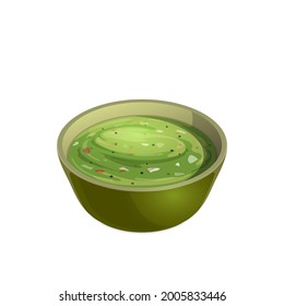 Avocado guacamole sauce isolated salsa in bowl realistic mexican food icon. Vector traditional spanish sauce, bowl with japanese wasabi, spicy food. Smashed avocado with chilli pepper