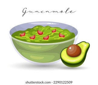 Salsa aguacamole con tomates y cebollas, cocina latinoamericana. Cocina nacional de México. Ilustración alimentaria, vector	
