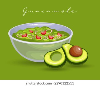 Avocado Guacamole Sauce with Tomatoes and Onions, Latin American Cuisine. National cuisine of Mexico. Food illustration, vector	
