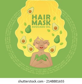 Avocado for hair care vector illustration. Avocado hair mask or shampoo label packagining design. Cartoon cute blonde girl with long wavy hair enjoys the hair product
