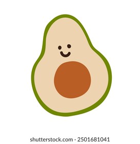 Avocado half, baby character, cute and funny doodle face. Amusing childlike fruit, vegetable smiling, happy emotion. Comic food. Childish flat vector illustration isolated on white background
