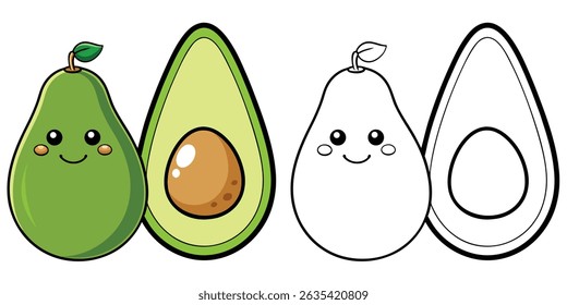 Avocado e meia página de cores de desenhos animados para crianças. Contorno abacado e ilustração vetorial em fundo branco. Coloração de fruta imprimível