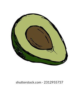 Avocado half. Colorful sketch of vegetable isolated on white background. Doodle hand drawn Vector illustration.
