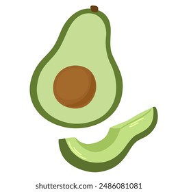 Medio aguacate con núcleo, hoyo y pulpa verde. Cortar pedazo de fruta saludable con la semilla. Alimento vegetal crudo fresco y maduro, sección transversal. Ilustración vectorial plana de color aislada sobre fondo blanco