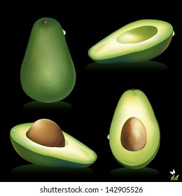 Avocado. Half of the fruit and cut into slices. Vector illustration.