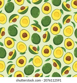 Avocado and half with leaves isolated on green background.Vector Design.