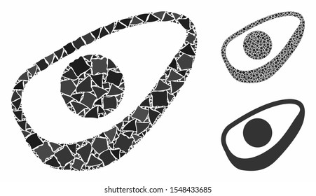 Avocado half mosaic of tremulant items in various sizes and color tinges, based on avocado half icon. Vector tremulant parts are composed into collage. Avocado half icons collage with dotted pattern.