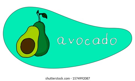 Avocado, half an avocado on a beautiful background. Vegetarian. Elements for your design. A series of food and beverage and cooking ingredients. Vector illustration