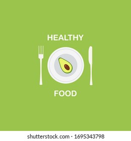 Avocado, half of avocado on the plate with fork and knife. Vector illustration of fruit avocado with calligraphy Healthy food.