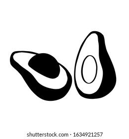 Avocado, half of avocado on white background. Vegetarian food elements for your design. Vector illustration. Black icon of alligator pear