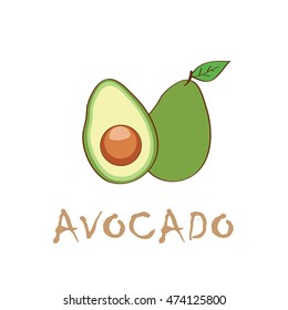 Avocado, half of avocado on white background. Vegetarian. Elements for your design. Series of food and drink and ingredients for cooking. Vector illustration