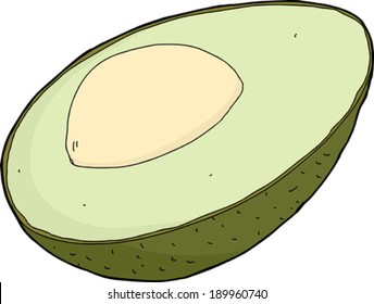 Avocado half with seed and skin on white background