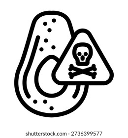 Avocado half with skull and crossbones warning symbol overlay, black and white line illustration signaling potential toxicity, allergen or food safety hazard for consumption