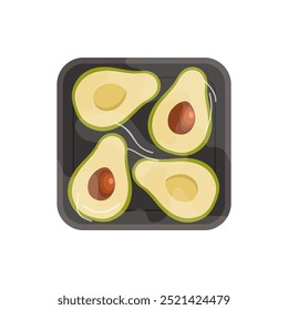 Avocado semifatias em bandeja de plástico preto, vista superior do pacote de isopor com filme envoltório ilustração vetorial