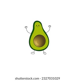 Aguacate. Medio aguacate con una sonrisa en la cara, levantó los brazos y pies con zapatillas blancas. El concepto de desayuno saludable. Carácter vector aislado en fondo blanco. Aguacate, dieta, estilo de dibujos animados, cosecha