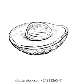 Ilustración del vector de aguacate. Pieza de aguacate madura y semilla. Dibujo gráfico de contorno negro. Contorno de la línea de tinta de alimentos vegetal tropical. Planta natural fresca de huerto orgánico saludable. Cocina dietética 