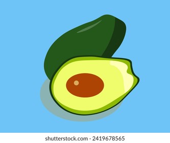 avocado half and whole back on a blue background,