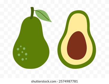 Avocado half and whole fruit. Set of hand drawn abstract colorful fruits. Natural tropical collection. Vector illustration in modern cute flat cartoon style.