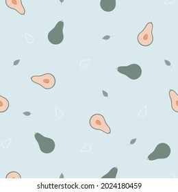 Aguacate, a la mitad y a base de frutas, hojas en patrón y fondo, vector.