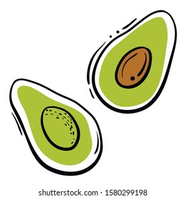 Avocado halves. Colorful sketch of vegetables isolated on white background. Doodle hand drawn vegetables. Vector illustration