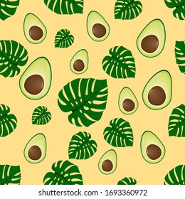 avocado halves and monstera sheets pattern
