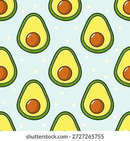El aguacate se divide en mitades con hoyos creando un patrón decorativo sin fisuras sobre un fondo azul claro, ilustrando conceptos de alimentación saludable, alimentos orgánicos y frutas tropicales