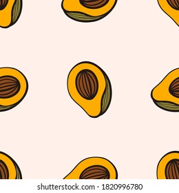 Avocado halves seamless pattern. Juicy and healthy fruit. Yellow, green and brown color, light pink background. Doodle style. Vector illustration