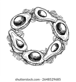 Metades abacate com sementes e salsa rampas vetor monocromático linha de grinalda ilustração em preto e branco. Desenho de gravura de folhas de salada com quadro redondo vegetal com espaço vazio para texto.