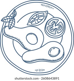 Avocado halves and tomato slices arranged on a plate in a simple line art style. The illustration includes leaves and a lemon slice in a minimalist composition. Cartoon vector illustration.