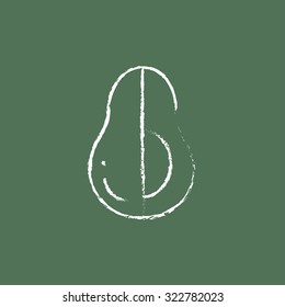 Avocado hand drawn in chalk on a blackboard vector white icon isolated on a green background.