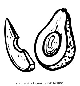 Avocado handgezeichnetes Doodle. Bio reifes Rohgemüse. Halb, Scheibe Obst mit Stein. Vegetarisches Essen. Gesundes Essen. Vitamine. Ernährung. Illustration der Vektorskizzenstraße.