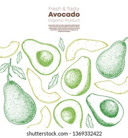 Avocado hand drawn illustration. Avocado frame. Sketch vector illustration. Can used for packaging design. Avocado food.