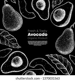 Avocado hand drawn illustration. Avocado frame. Sketch vector illustration. Can used for packaging design.  Avocado food.