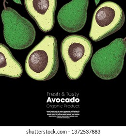 Avocado hand drawn illustration. Avocado frame. Sketch vector illustration. Can used for packaging design. Avocado food.