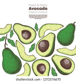 Avocado hand drawn illustration. Avocado frame. Colored vector illustration. Can used for packaging design. Avocado food.