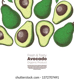 Avocado hand drawn illustration. Avocado frame. Colored vector illustration. Can used for packaging design. Avocado food.