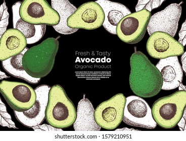 Avocado hand drawn illustration. Avocado frame. Sketch vector illustration. Can used for packaging design. Avocado food. Combined design with sketch and colorful drawing.