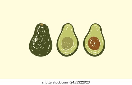 Ilustración dibujada a mano de aguacate, boceto de Vector de conjunto de aguacate, aguacate entero y cortado por la mitad