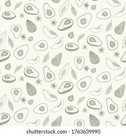 Avocado hand drawn seamless pattern. Vector illustration. Whole avocado, sliced pieces, half, leaf and seed sketch. 