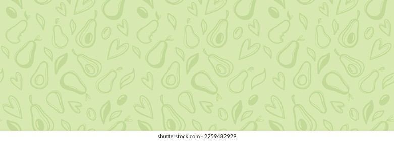 Avocado hand drawn seamless pattern. Doodle style. Vector horizontal illustration