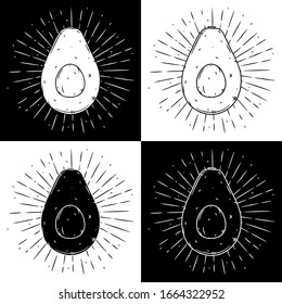 Aguacate. Dibujo vectorial dibujado a mano con aguacate y rayos divergentes. Utilizado para afiches, banner, web, impresión en pantalones, bolsos, insignias, volante, diseño de logotipo y mucho más. 